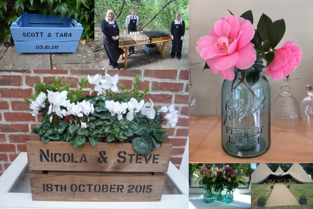 Collage of crates and other wedding accessories