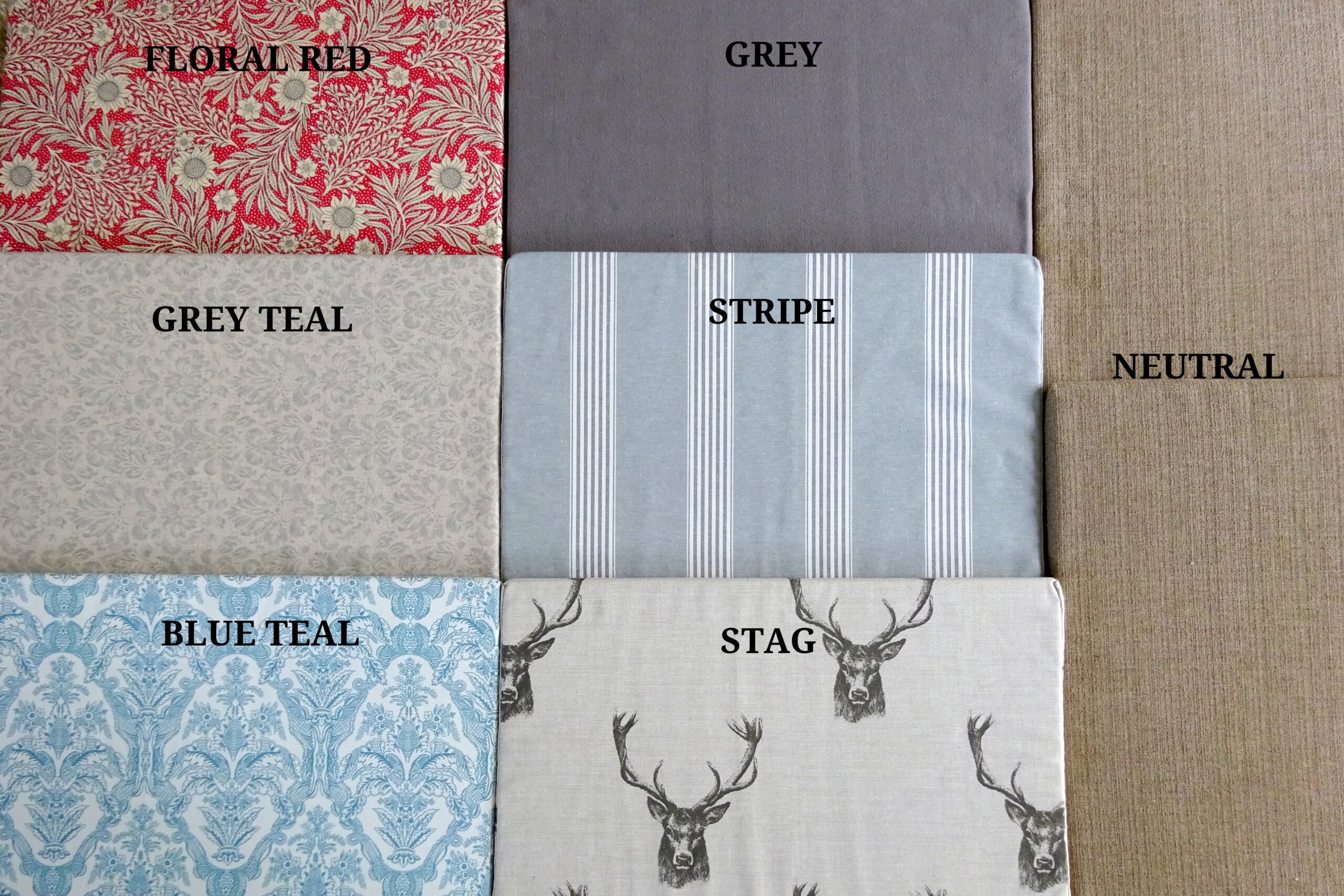 Fabric choices for the one and thee inch Apple Crate Storage Seat cushions in Floral Red, Grey, Grey Teal, Stripe, Neutral, Blue Teal and Stag, showcasing bespoke options.